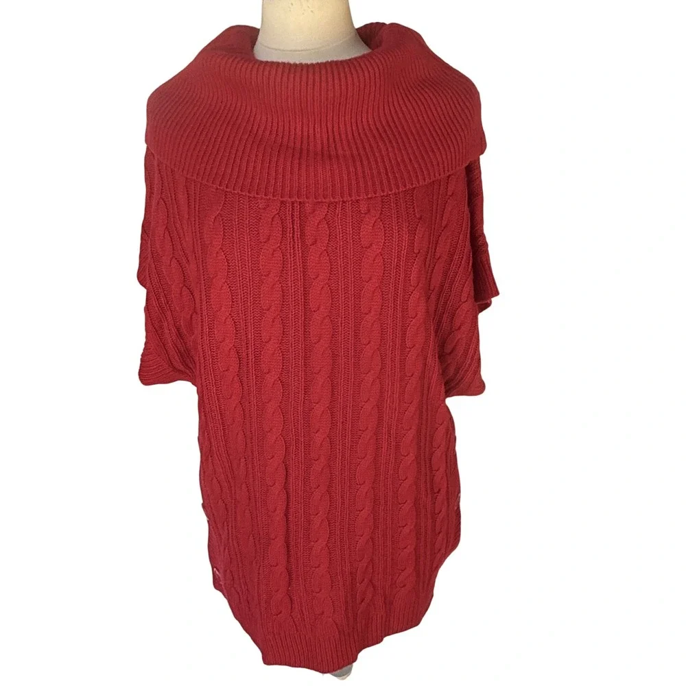 Nicole Miller Womens Red Cable‎ Knit Cowl Turtleneck Sweater L Oversized Hipster